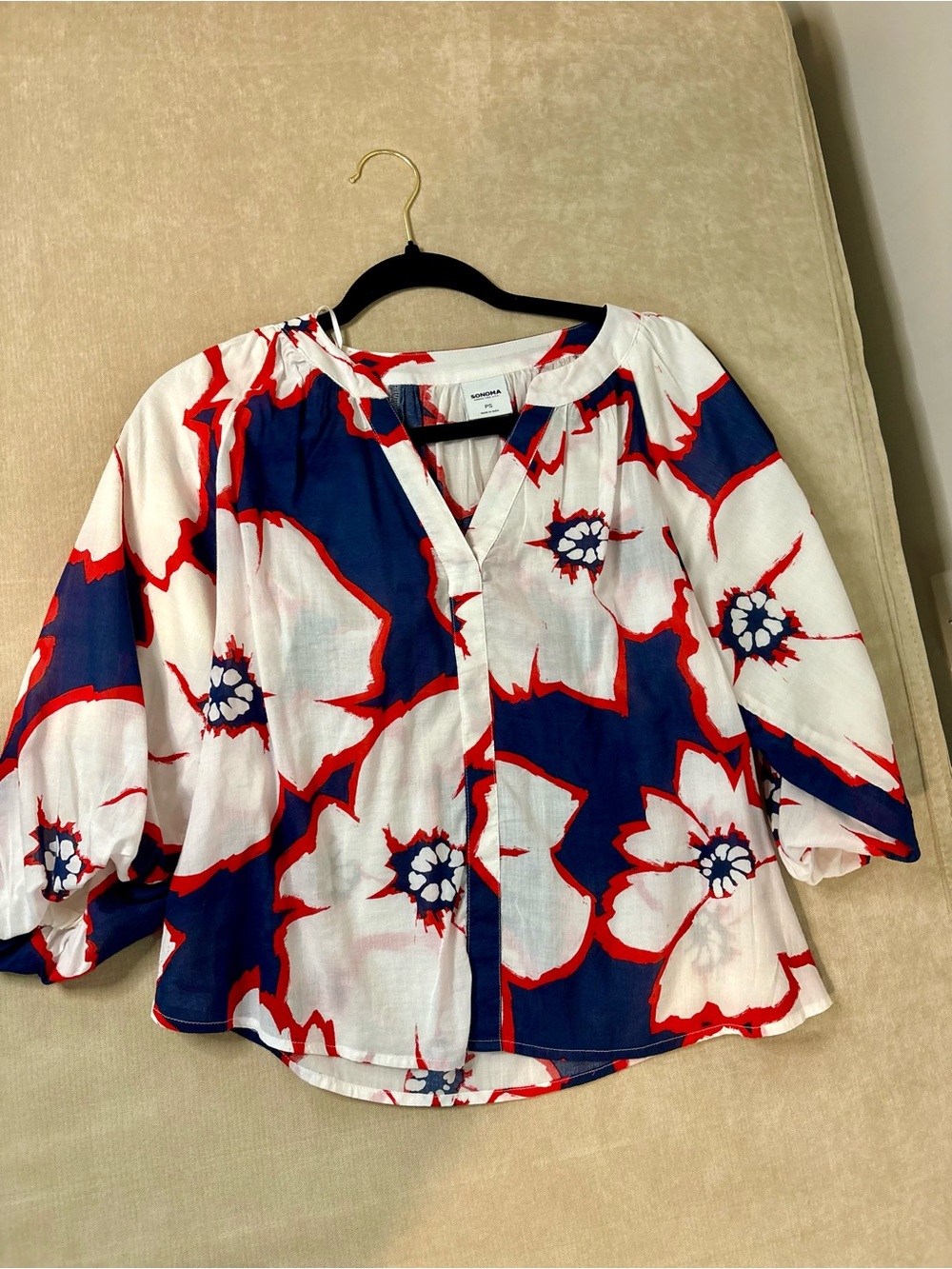 Sonoma White Navy & Red Floral Blouse